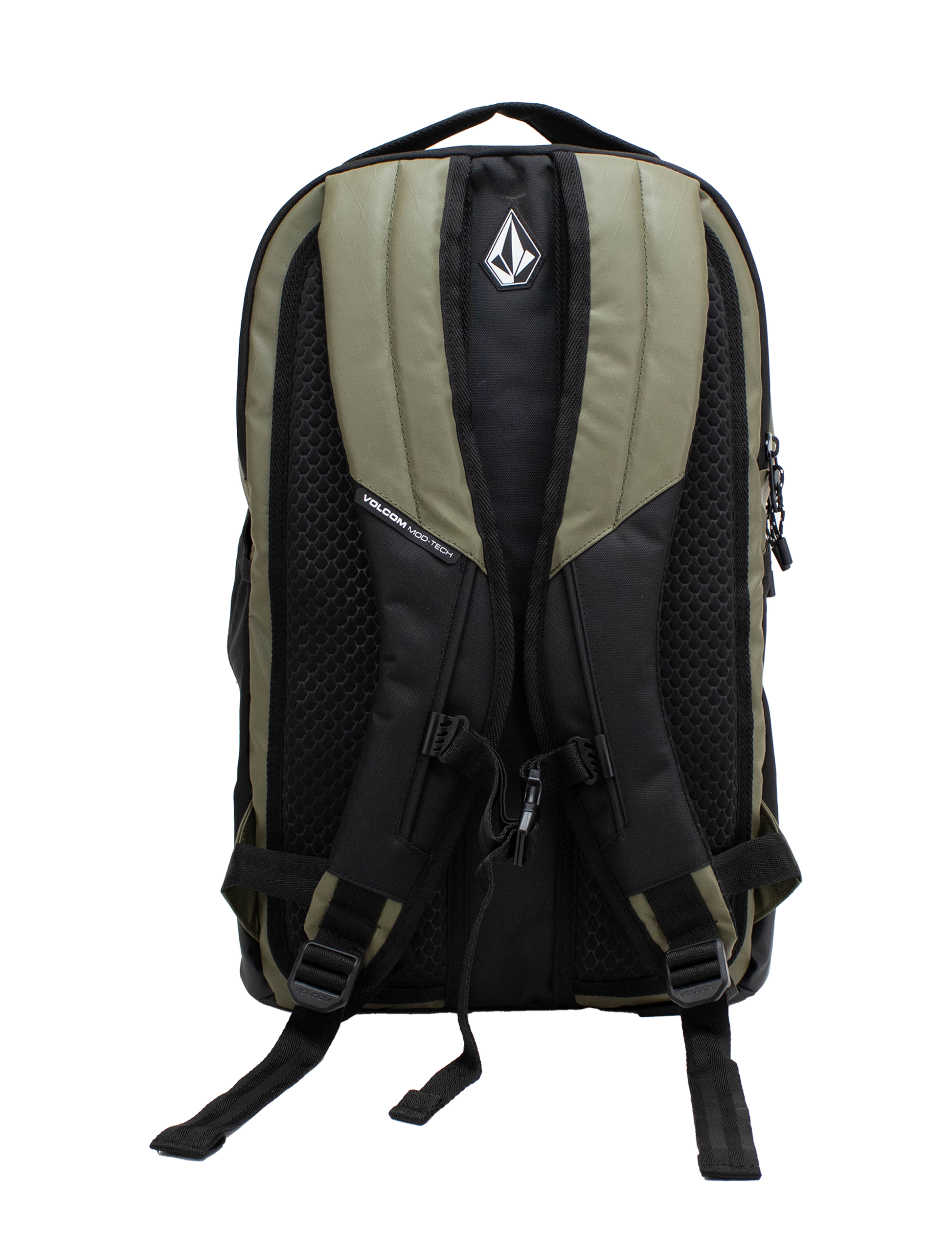 Presenting the Volcom Men's Venture Backpack in black and olive green, featuring padded shoulder straps, mesh backing, and a distinctive geometric logo on the top pocket. This backpack offers a spacious 22L capacity and includes a padded laptop sleeve, shown photographed against a plain white background.