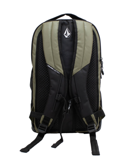 Presenting the Volcom Men's Venture Backpack in black and olive green, featuring padded shoulder straps, mesh backing, and a distinctive geometric logo on the top pocket. This backpack offers a spacious 22L capacity and includes a padded laptop sleeve, shown photographed against a plain white background.