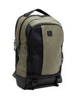 Introducing the Volcom Men's Venture Backpack in khaki and black, featuring a spacious 22L capacity with a front pocket, two side zippers, top handle, and a prominent black Volcom logo patch on the front. It includes a padded laptop sleeve for extra protection, a reinforced base for durability, and two bottom straps with buckles for added functionality.