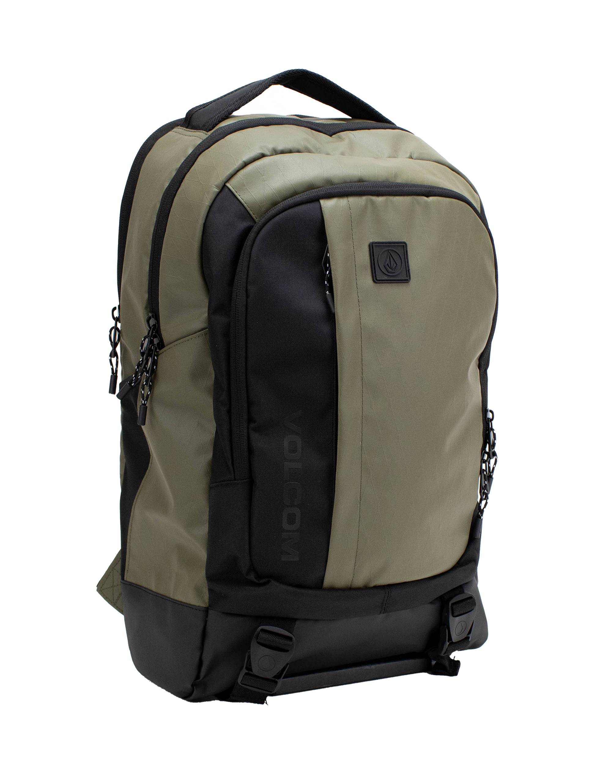 Introducing the Volcom Men's Venture Backpack in khaki and black, featuring a spacious 22L capacity with a front pocket, two side zippers, top handle, and a prominent black Volcom logo patch on the front. It includes a padded laptop sleeve for extra protection, a reinforced base for durability, and two bottom straps with buckles for added functionality.
