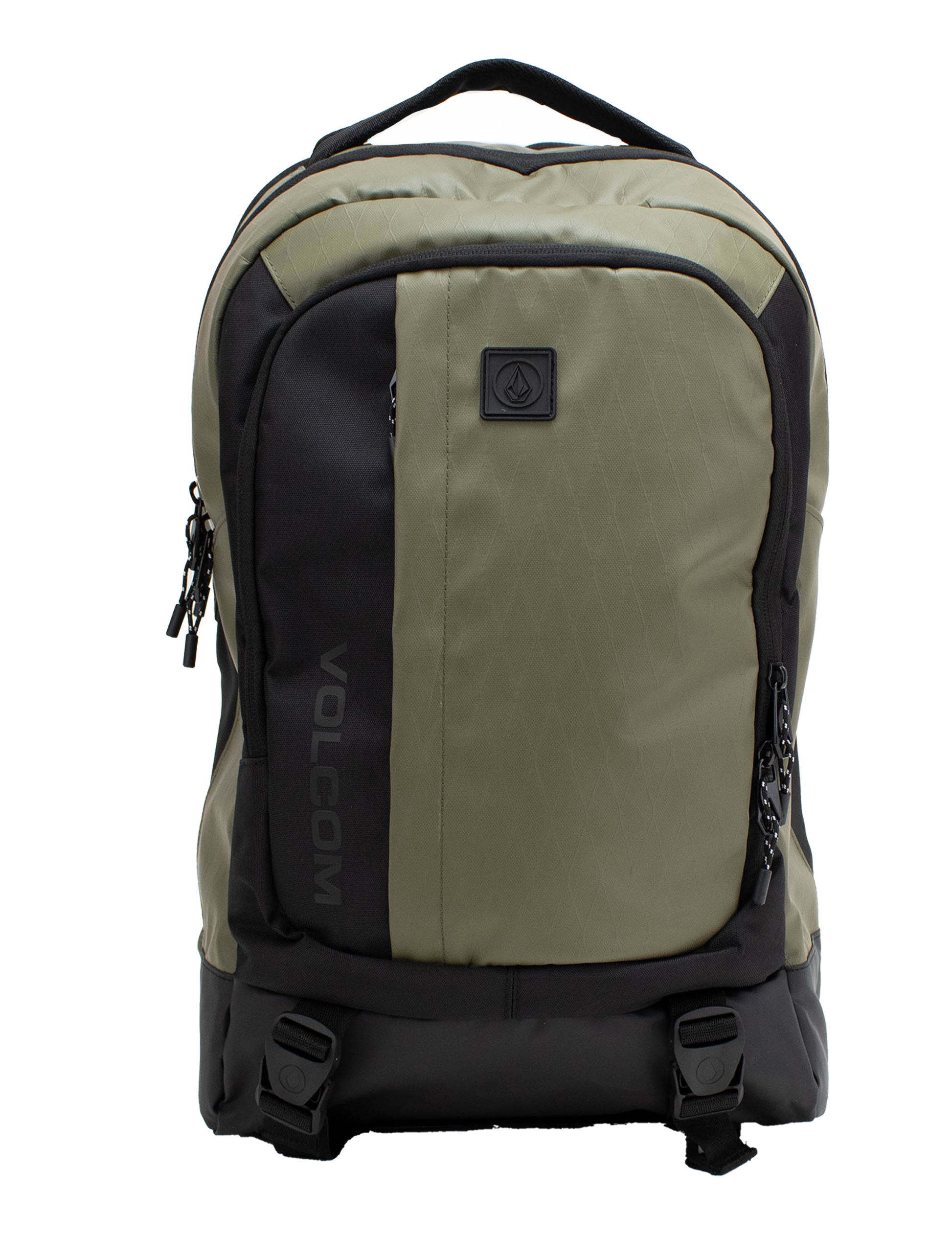 A Men's Venture Backpack by Volcom in green and black, featuring dual zippers, two front buckle straps, a padded laptop sleeve, and a top handle is displayed against a white background. With a 22L capacity, this backpack is ideal for both daily use and outdoor adventures.