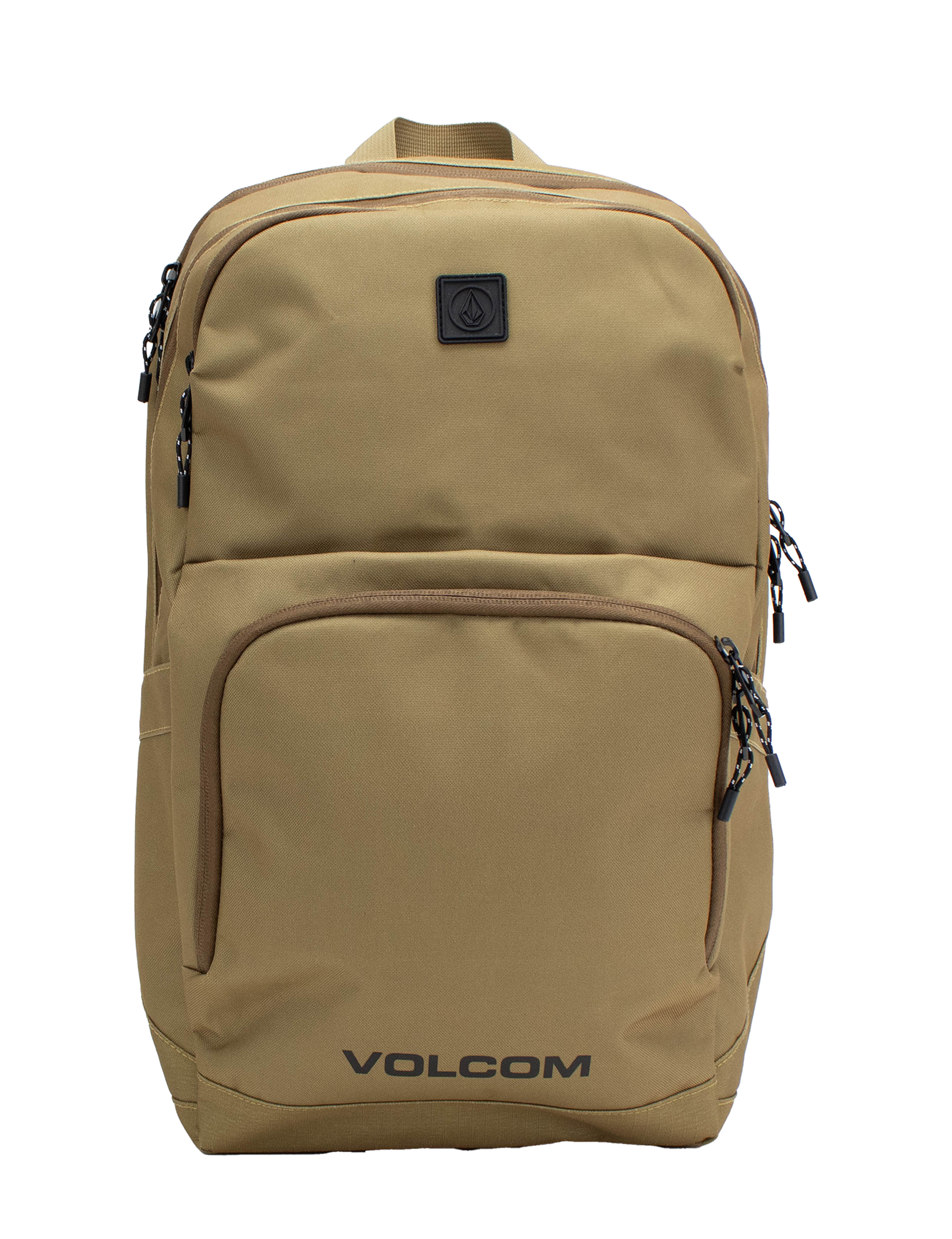 Men's Roamer 3 Backpack by Volcom in tan, featuring multiple zippered compartments, black zippers, and a small black logo patch on the upper front. This spacious 22L backpack includes a padded laptop sleeve for added convenience, with the word VOLCOM printed in black at the bottom front.