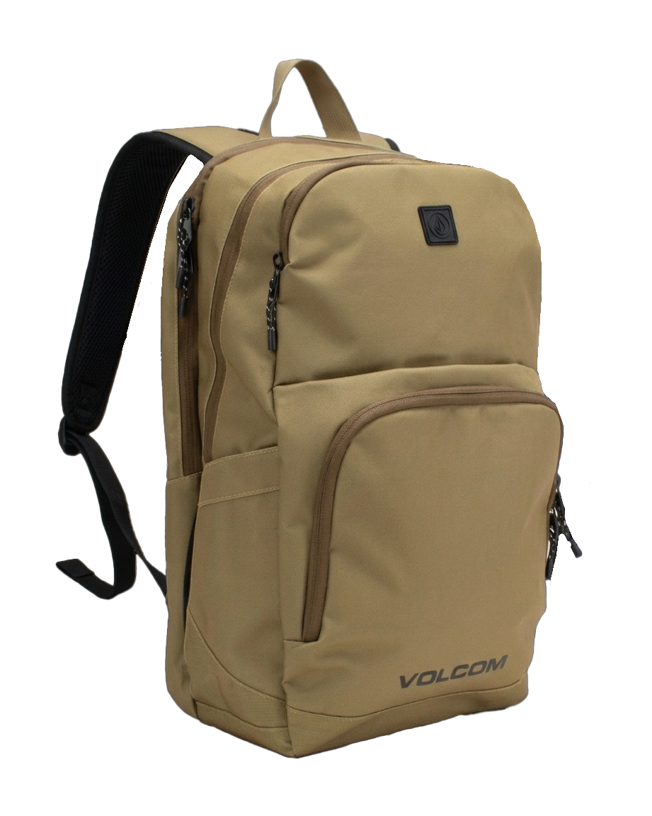 A tan Volcom Men's Roamer 3 Backpack featuring two zippered compartments, a padded laptop sleeve, black padded shoulder straps, a top handle, and the Volcom logo on the front pocket.