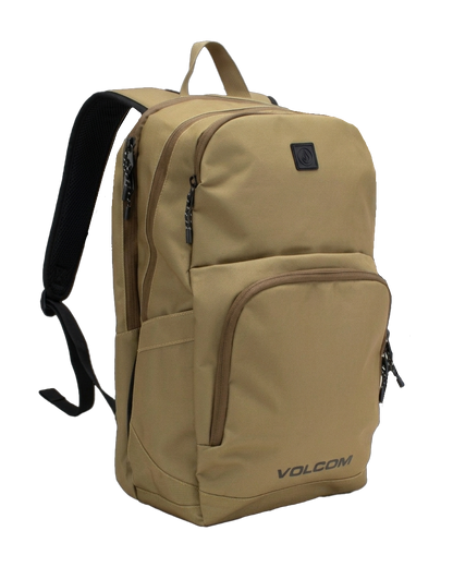 A tan Volcom Men's Roamer 3 Backpack featuring two zippered compartments, a padded laptop sleeve, black padded shoulder straps, a top handle, and the Volcom logo on the front pocket.