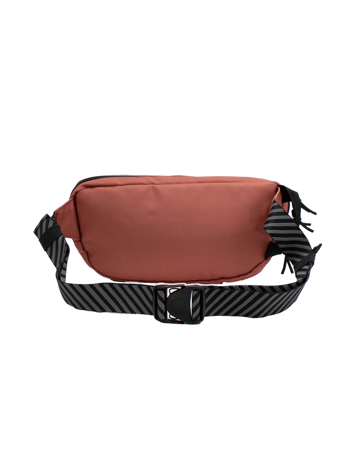 The Volcom Men's Mini Dos Waist Pack, featuring a reddish-brown design with a black zipper and an adjustable black strap adorned with diagonal gray stripes, is displayed on a plain white background.