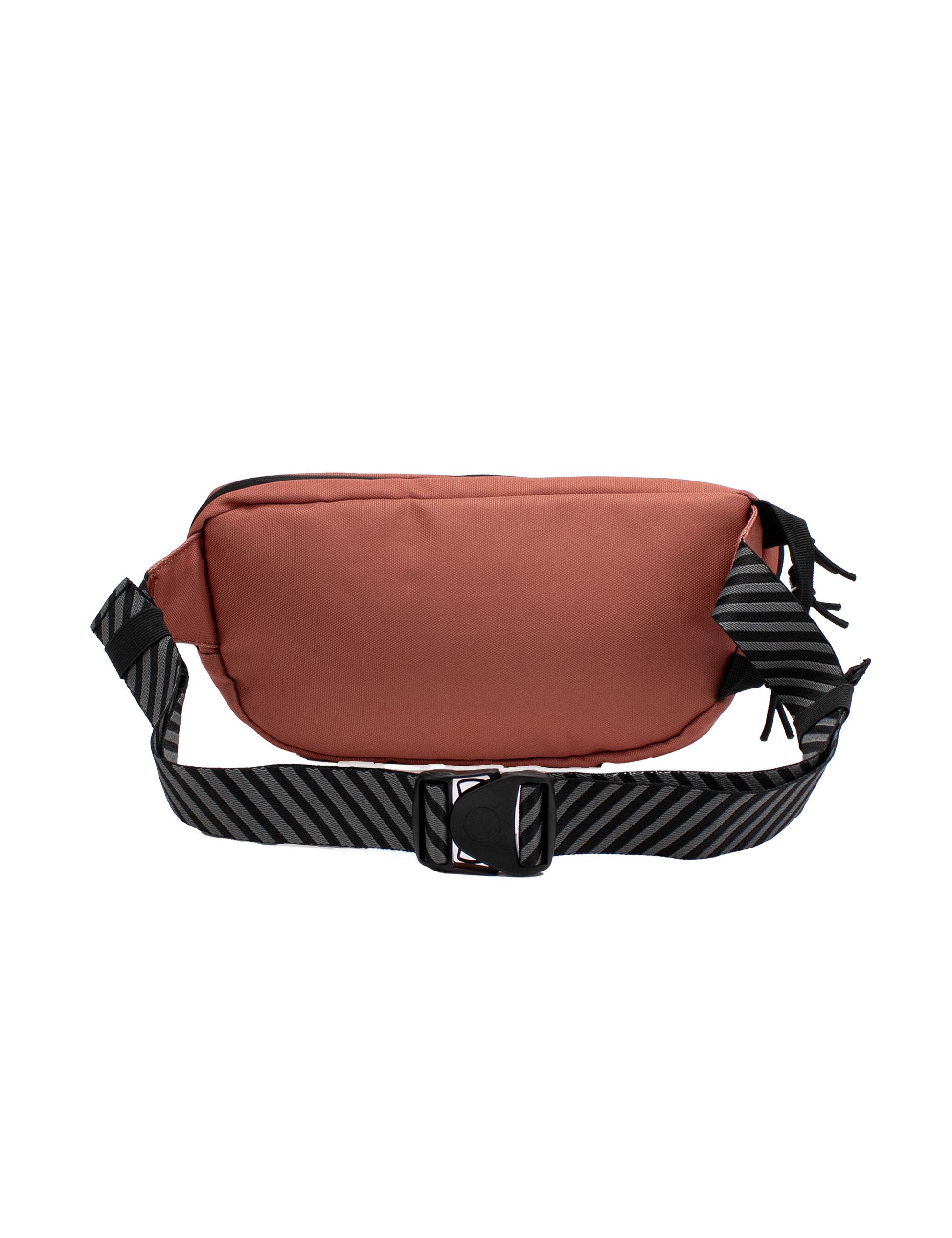 The Volcom Men's Mini Dos Waist Pack, featuring a reddish-brown design with a black zipper and an adjustable black strap adorned with diagonal gray stripes, is displayed on a plain white background.