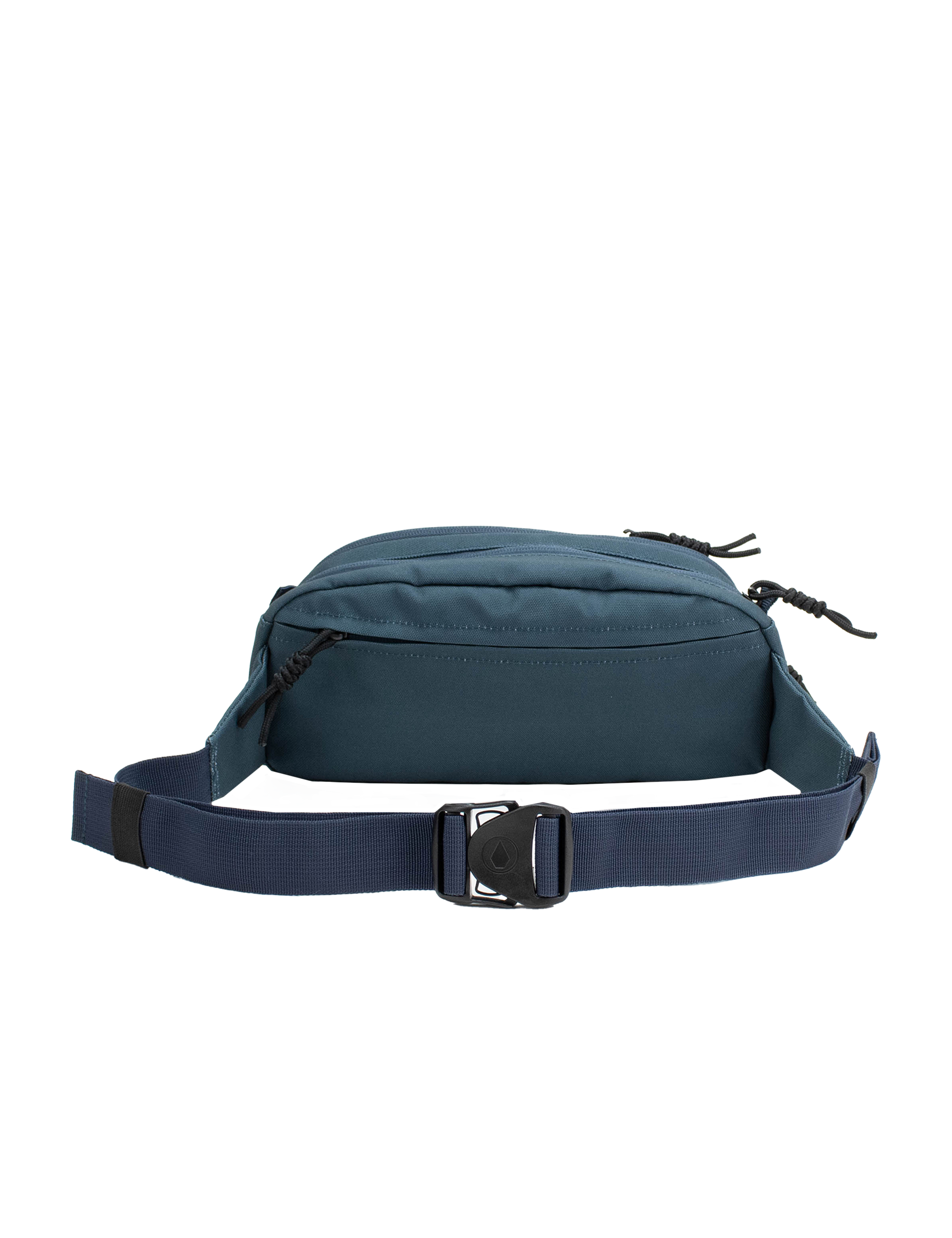 The Volcom Men's Waisted Pack, shown against a white background, features a stylish teal and navy blue design with two zippered compartments and an adjustable strap, making it perfect for hands-free convenience during outdoor adventures.