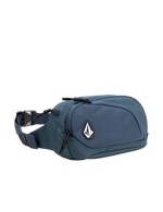 The Men's Waisted Pack by Volcom features a blue design with a black zipper, adjustable strap, and a white Volcom logo patch on the front pocket, making it perfect for keeping your essentials hands-free during outdoor adventures. Shown against a white background.