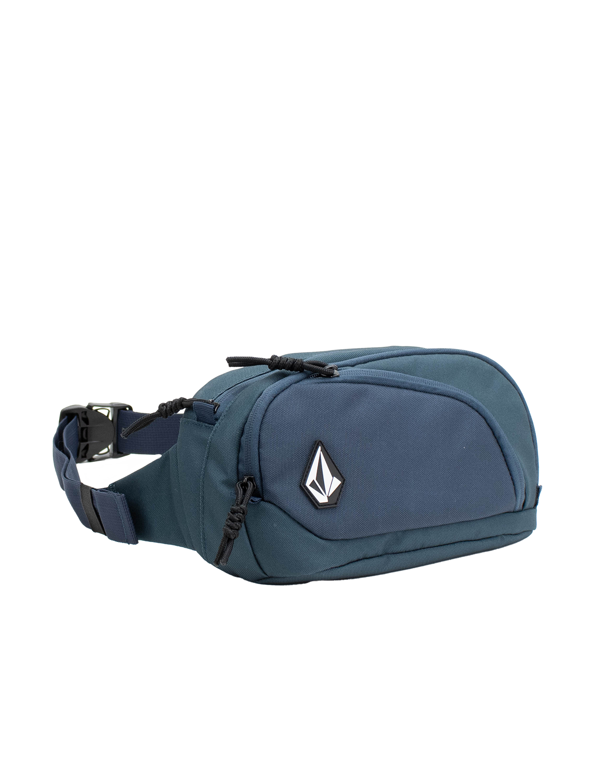 The Men's Waisted Pack by Volcom features a blue design with a black zipper, adjustable strap, and a white Volcom logo patch on the front pocket, making it perfect for keeping your essentials hands-free during outdoor adventures. Shown against a white background.