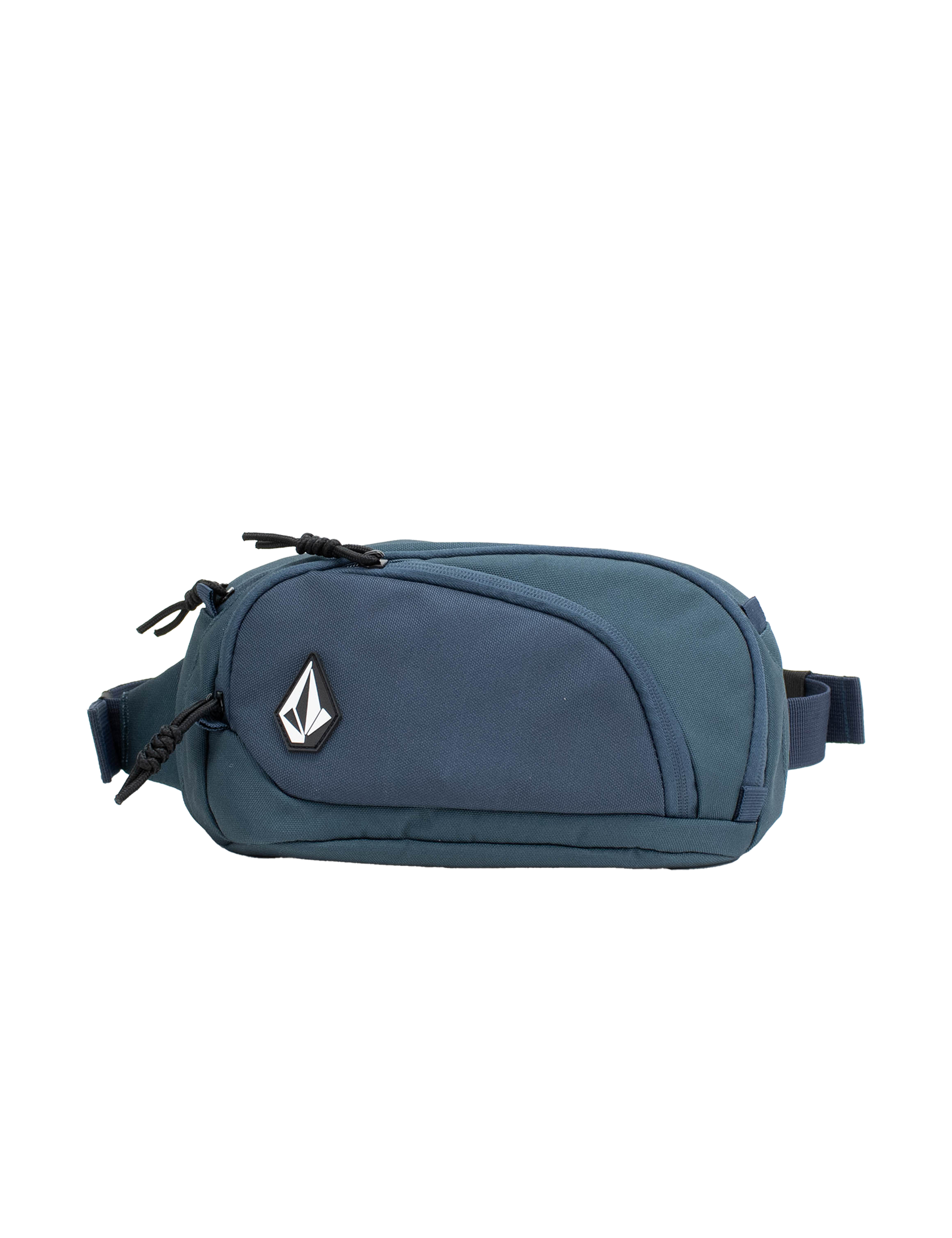 The Volcom Men's Waisted Pack is a blue waist pack featuring a front zipper pocket, black zipper pulls, and a distinctive black-and-white geometric Volcom logo on the front. Designed for outdoor adventures and hands-free convenience, it is displayed against a plain white background.