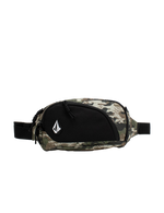 A Volcom Men's Waisted Pack in camouflage and black, featuring a white geometric logo on the front pocket, is displayed against a plain white background. This hands-free bag combines style and convenience for your everyday adventures.