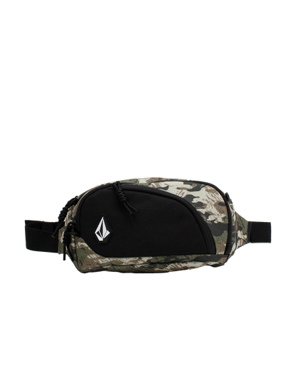 A Volcom Men's Waisted Pack in camouflage and black, featuring a white geometric logo on the front pocket, is displayed against a plain white background. This hands-free bag combines style and convenience for your everyday adventures.