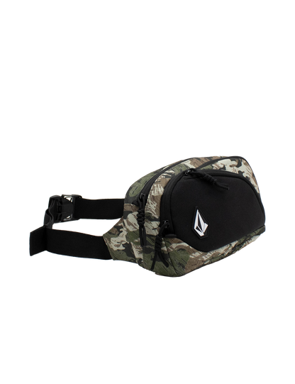 The Men’s Waisted Pack by Volcom features a camouflage and black design, a front zip pocket, adjustable strap, and a bold white geometric Volcom logo on the front—making it the perfect stylish hands-free bag for everyday adventures.