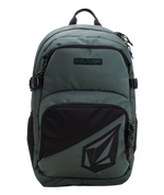 The Volcom Men’s Exponent Backpack in green features black zippers, a front pocket with the Volcom logo, and a top handle. This spacious backpack provides organized storage with two main zippered compartments and convenient side straps.