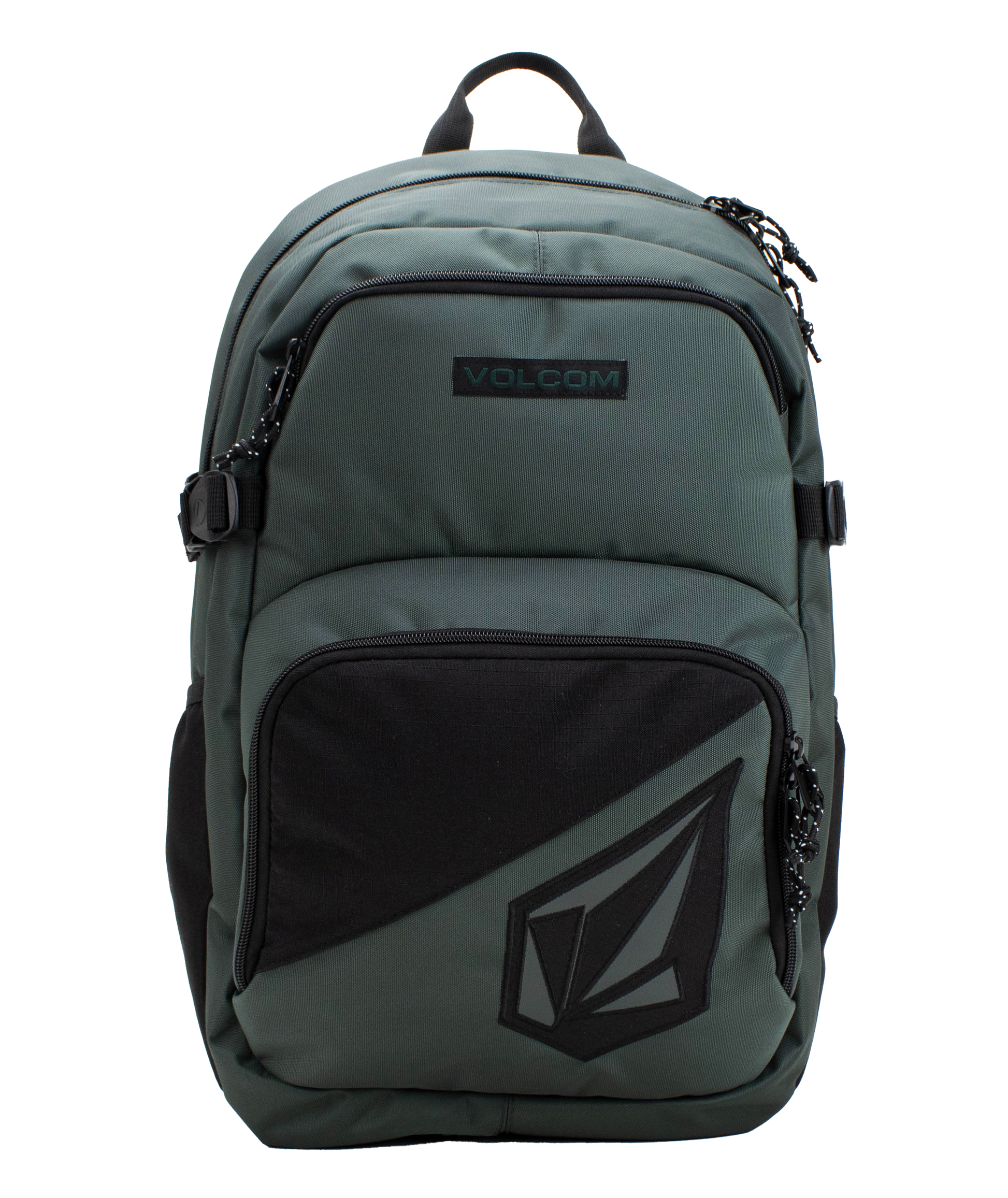 The Volcom Men’s Exponent Backpack in green features black zippers, a front pocket with the Volcom logo, and a top handle. This spacious backpack provides organized storage with two main zippered compartments and convenient side straps.