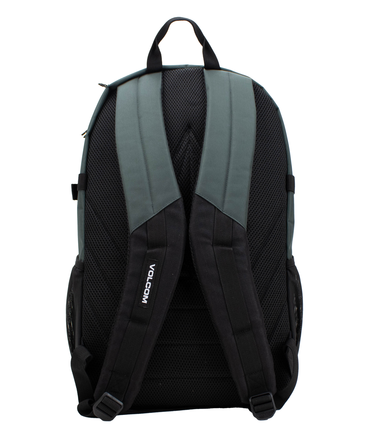 A back view of the Men’s Exponent Backpack by Volcom is shown in gray and black, highlighting its padded shoulder straps and mesh padding for added comfort. One strap features the VOLCOM logo in white text. This roomy backpack provides organized storage, making it ideal for daily use or travel.