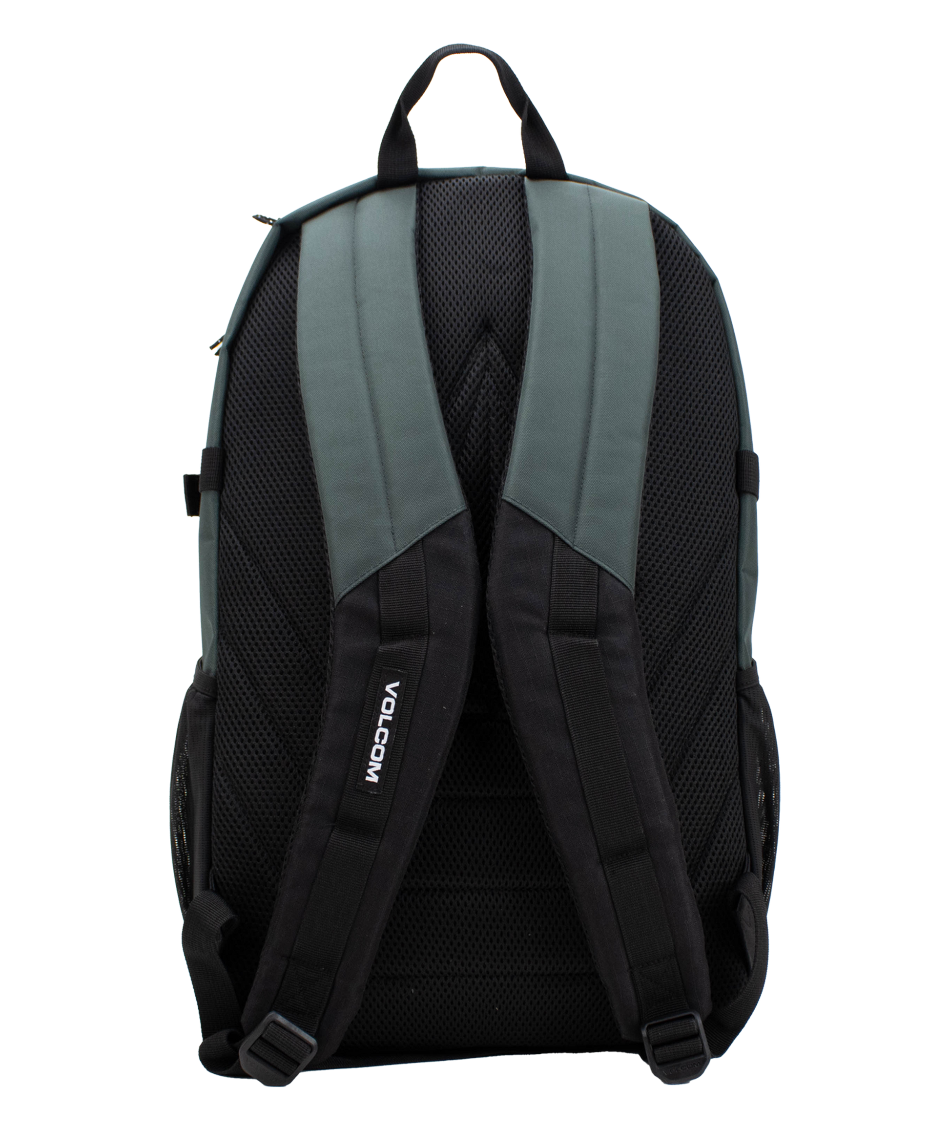 A back view of the Men’s Exponent Backpack by Volcom is shown in gray and black, highlighting its padded shoulder straps and mesh padding for added comfort. One strap features the VOLCOM logo in white text. This roomy backpack provides organized storage, making it ideal for daily use or travel.