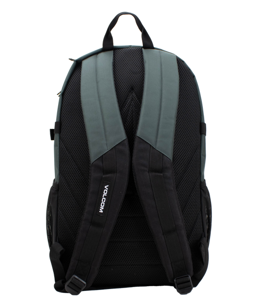A back view of the Men’s Exponent Backpack by Volcom is shown in gray and black, highlighting its padded shoulder straps and mesh padding for added comfort. One strap features the VOLCOM logo in white text. This roomy backpack provides organized storage, making it ideal for daily use or travel.