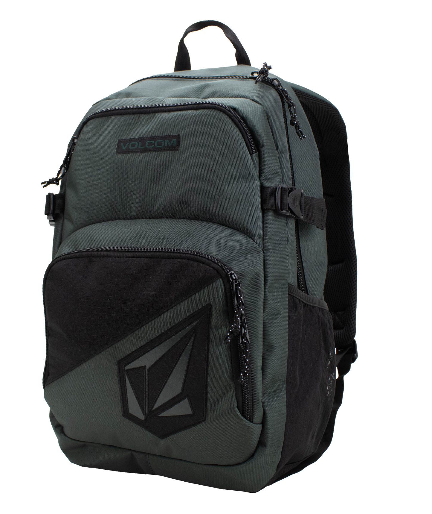 A spacious Men's Exponent Backpack by Volcom in dark green with black accents, featuring a top handle, side pockets, and two zippered compartments for organized storage. The Volcom logo is displayed on the front pocket.