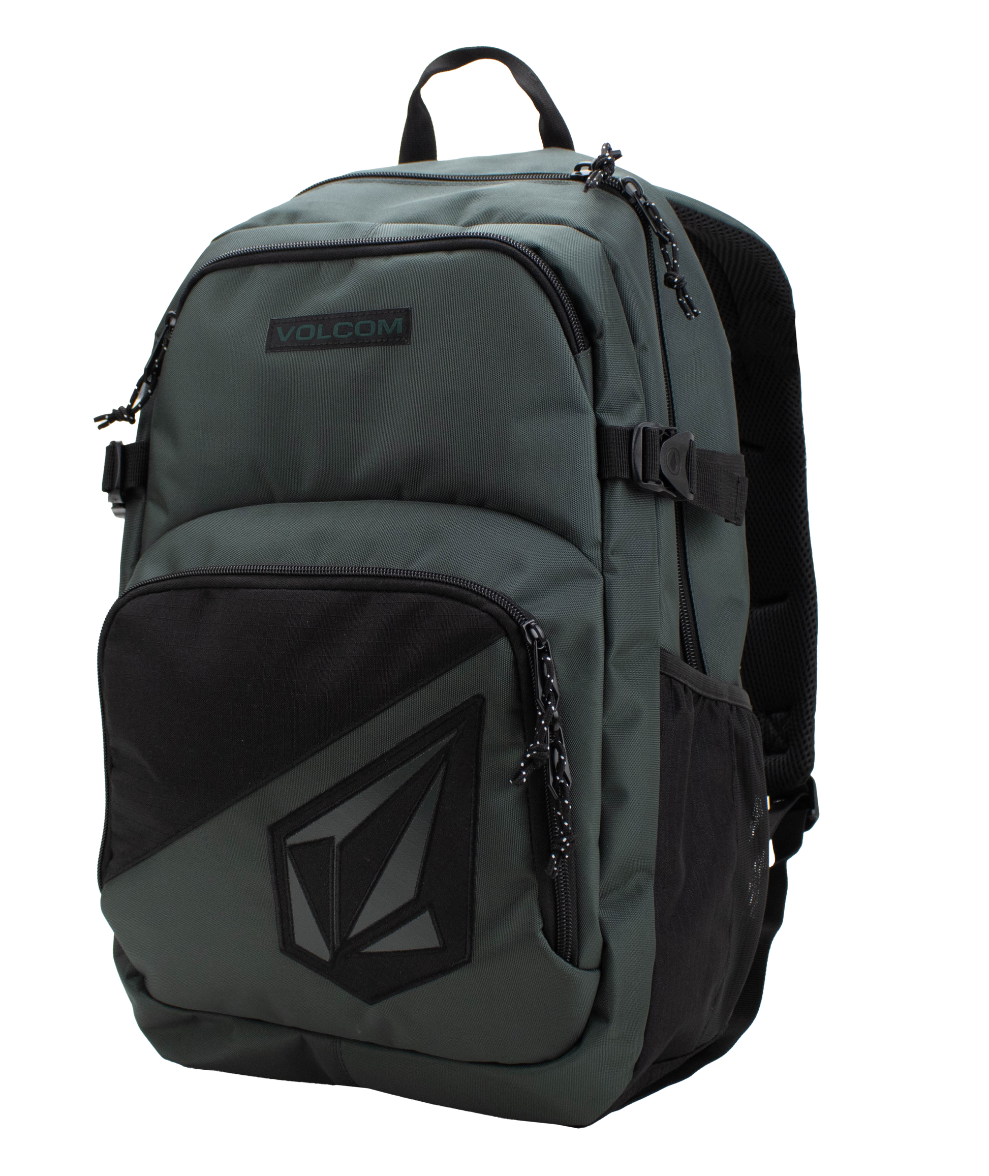 A spacious Men's Exponent Backpack by Volcom in dark green with black accents, featuring a top handle, side pockets, and two zippered compartments for organized storage. The Volcom logo is displayed on the front pocket.