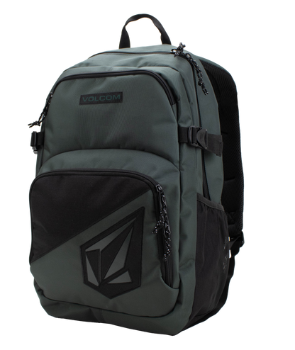 A spacious Men's Exponent Backpack by Volcom in dark green with black accents, featuring a top handle, side pockets, and two zippered compartments for organized storage. The Volcom logo is displayed on the front pocket.