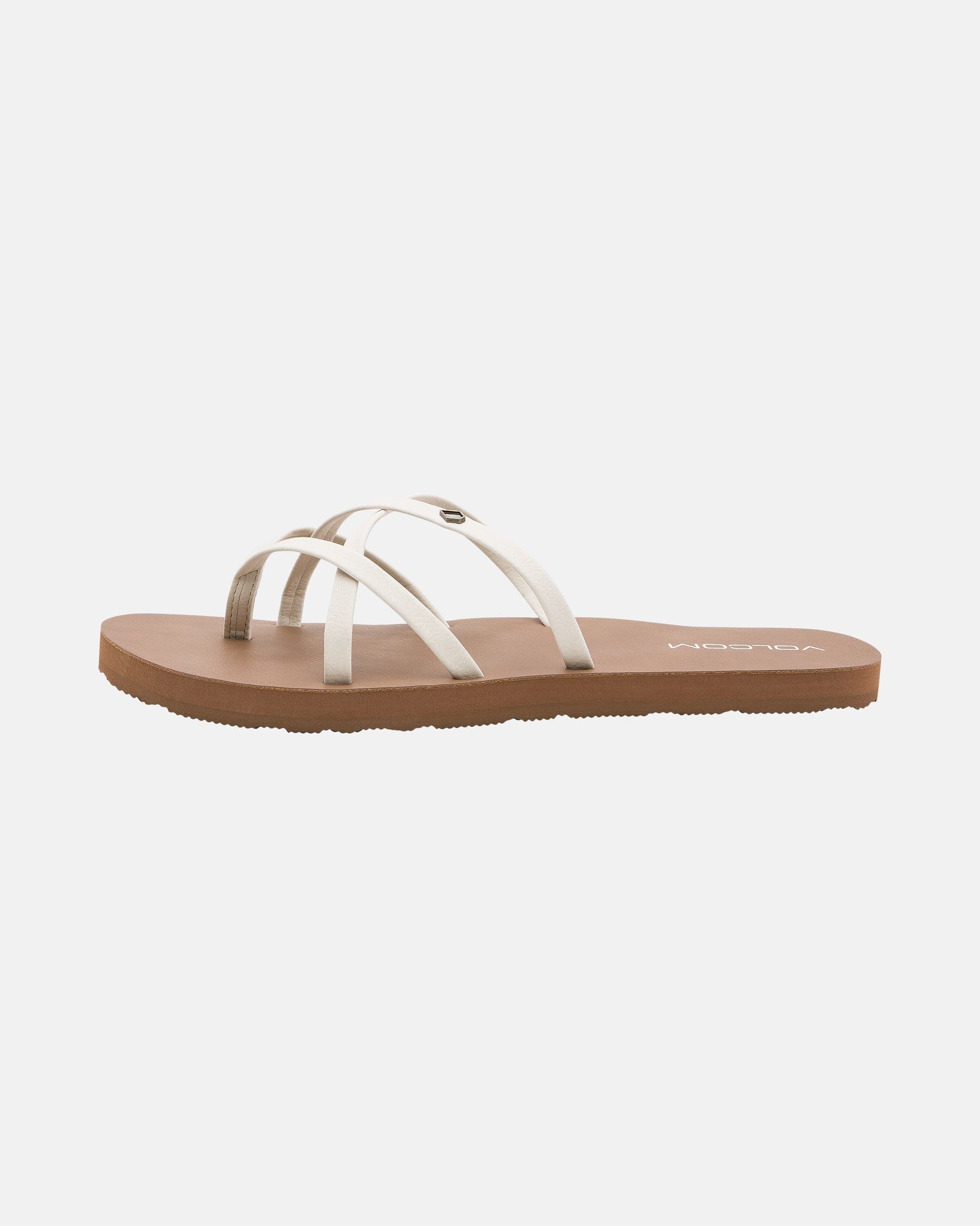 The Volcom Women's New School II sandal features a minimalist brown design with three thin white synthetic leather straps, an open toe, and offers comfortable all-day wear.