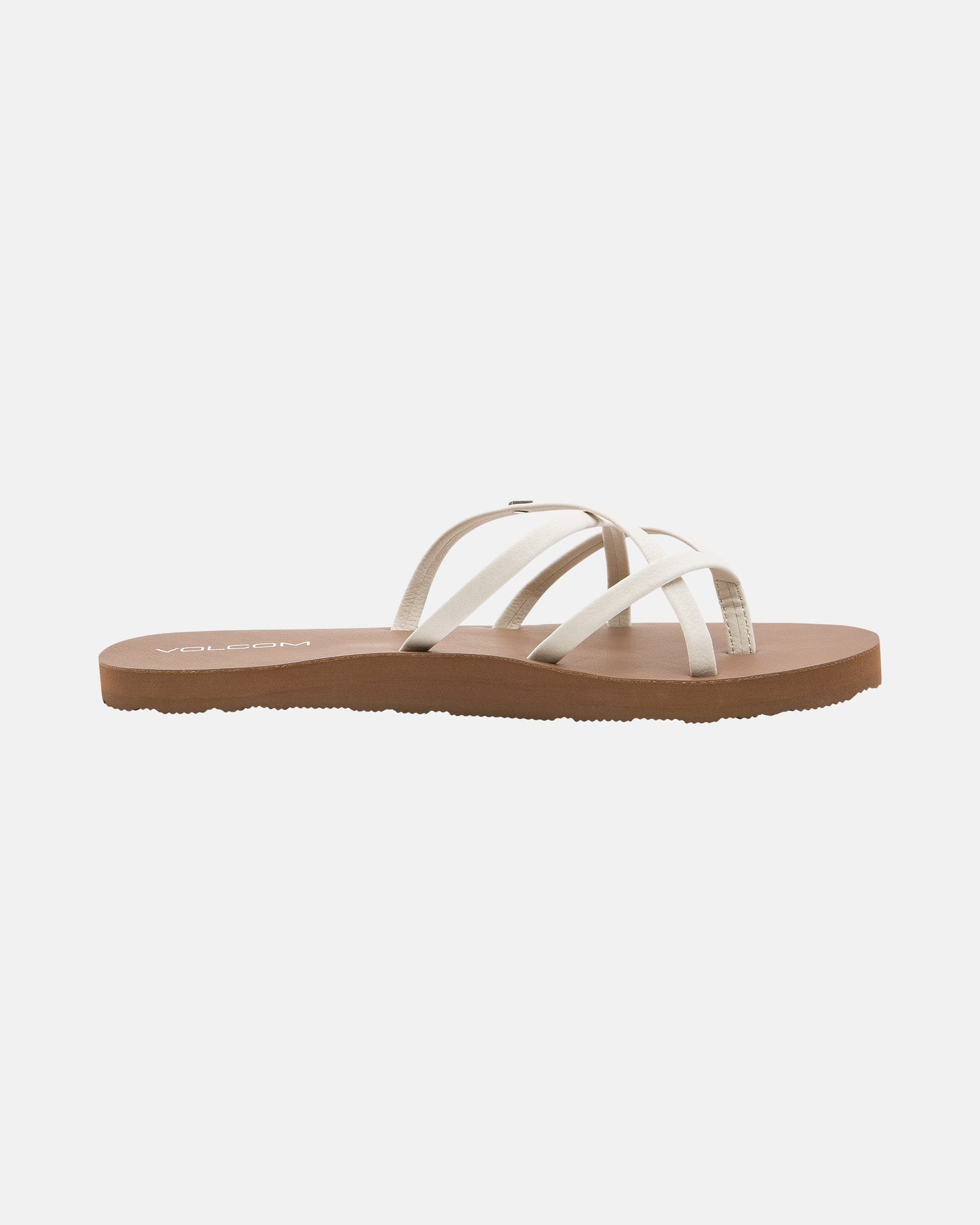 The Volcom Women's New School II sandal features thin, crisscrossed synthetic leather straps and a flat brown sole with Recliner Comfort Foam, displayed on a plain white background.