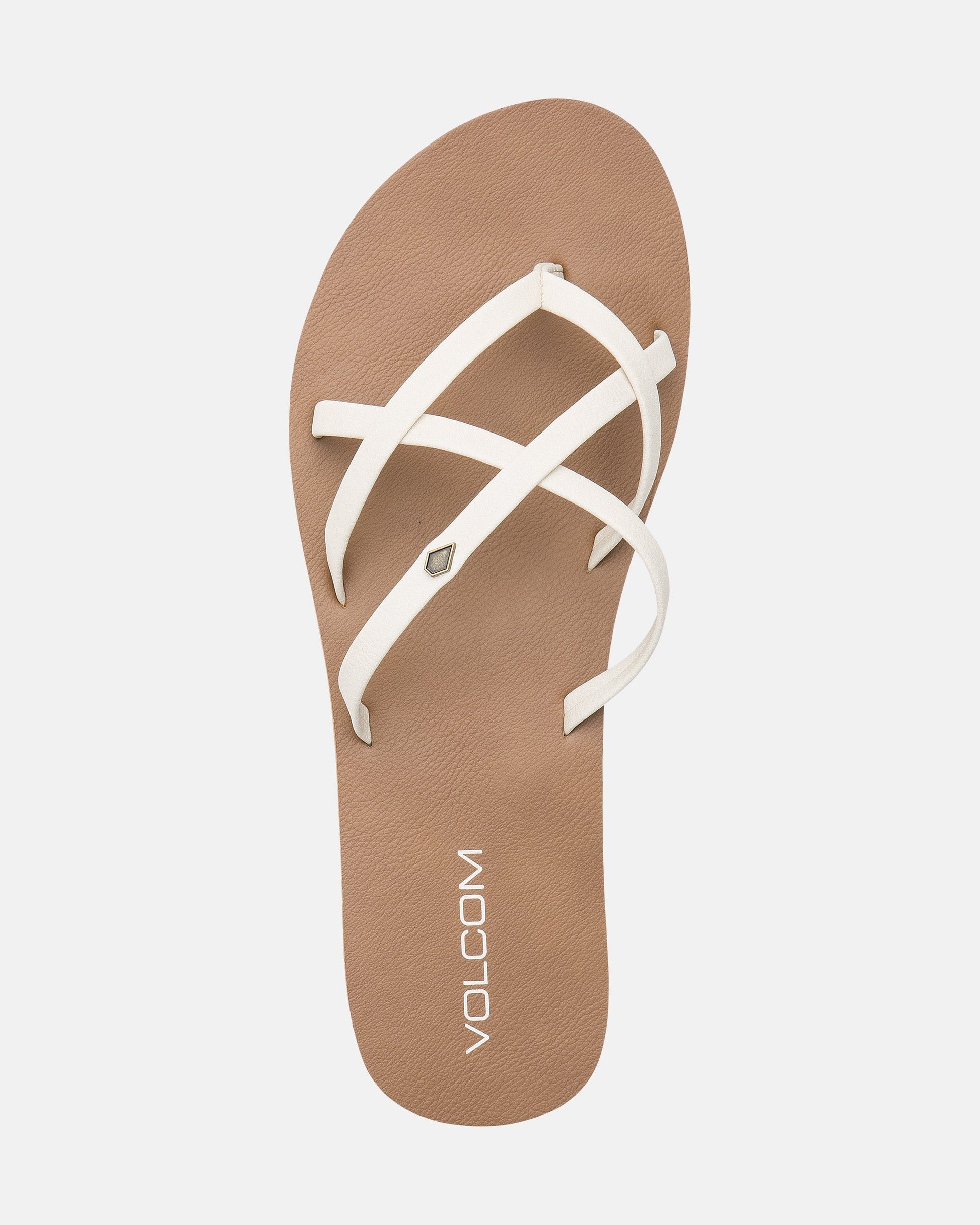 A top view of the Volcom Women's New School II sandal shows brown soles with white synthetic leather crisscross straps, molded arch support, Recliner Comfort Foam, and a Volcom logo near the heel on a plain white background.