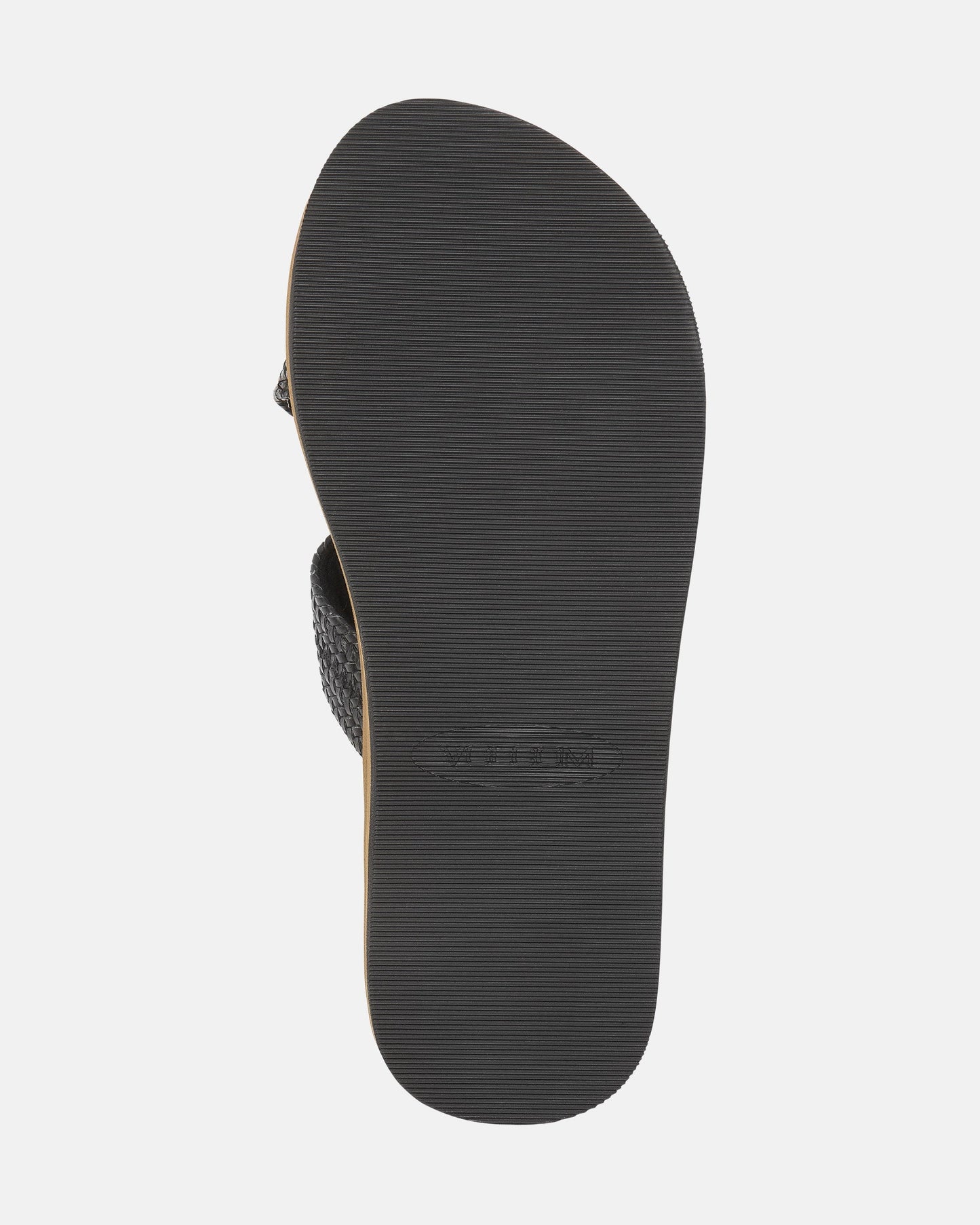 The bottom view of the Women's Volcom Double Cross Sandals by Volcom shows a black sandal with a textured rubber sole featuring fine horizontal grooves for traction.
