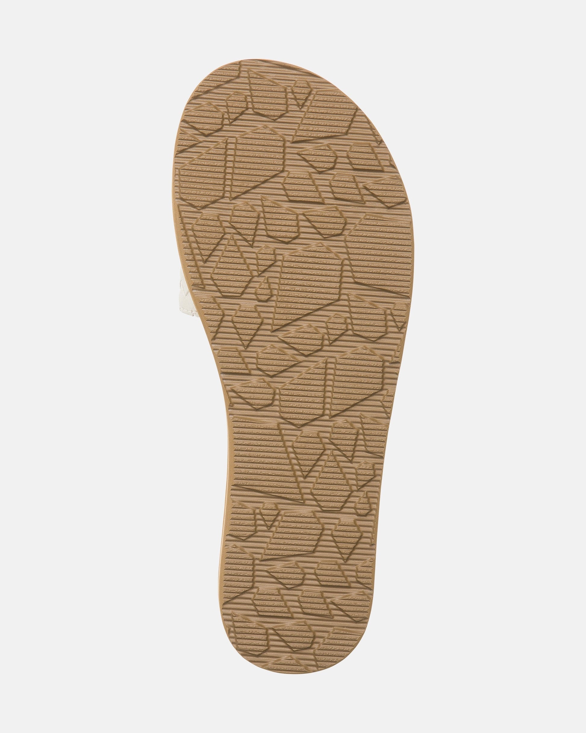 The image shows the bottom view of the Volcom Women's Simple Slides Braid Sandals. The tan sole features a textured, geometric pattern for grip, set against a plain white background.