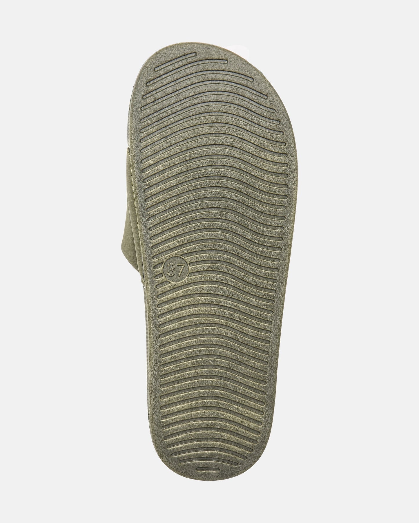The image shows the sole of Volcom Women's Volcation Slides, featuring curved horizontal grooves for grip and a small circle with the number 37 near the arch, combining signature Volcom style with everyday comfort.