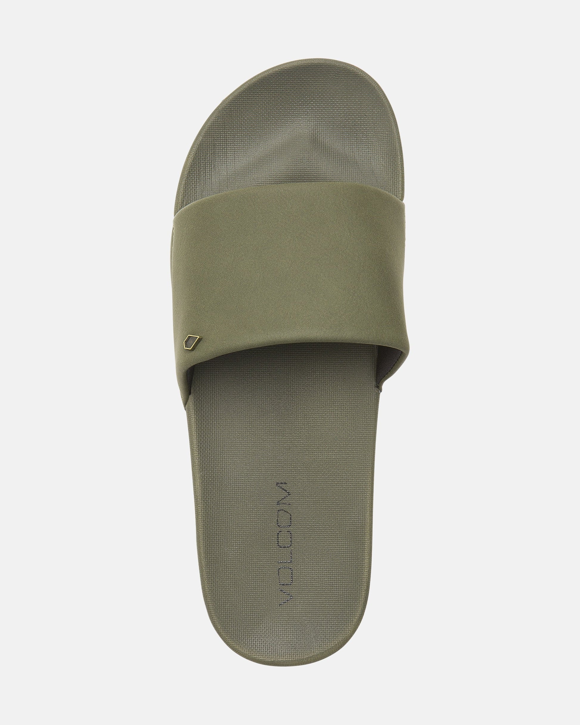The Women's Volcation Slides by Volcom feature an olive green wide strap, a textured footbed, and the VOLCOM logo on the sole, providing everyday comfort and signature style in a single summer sandal.