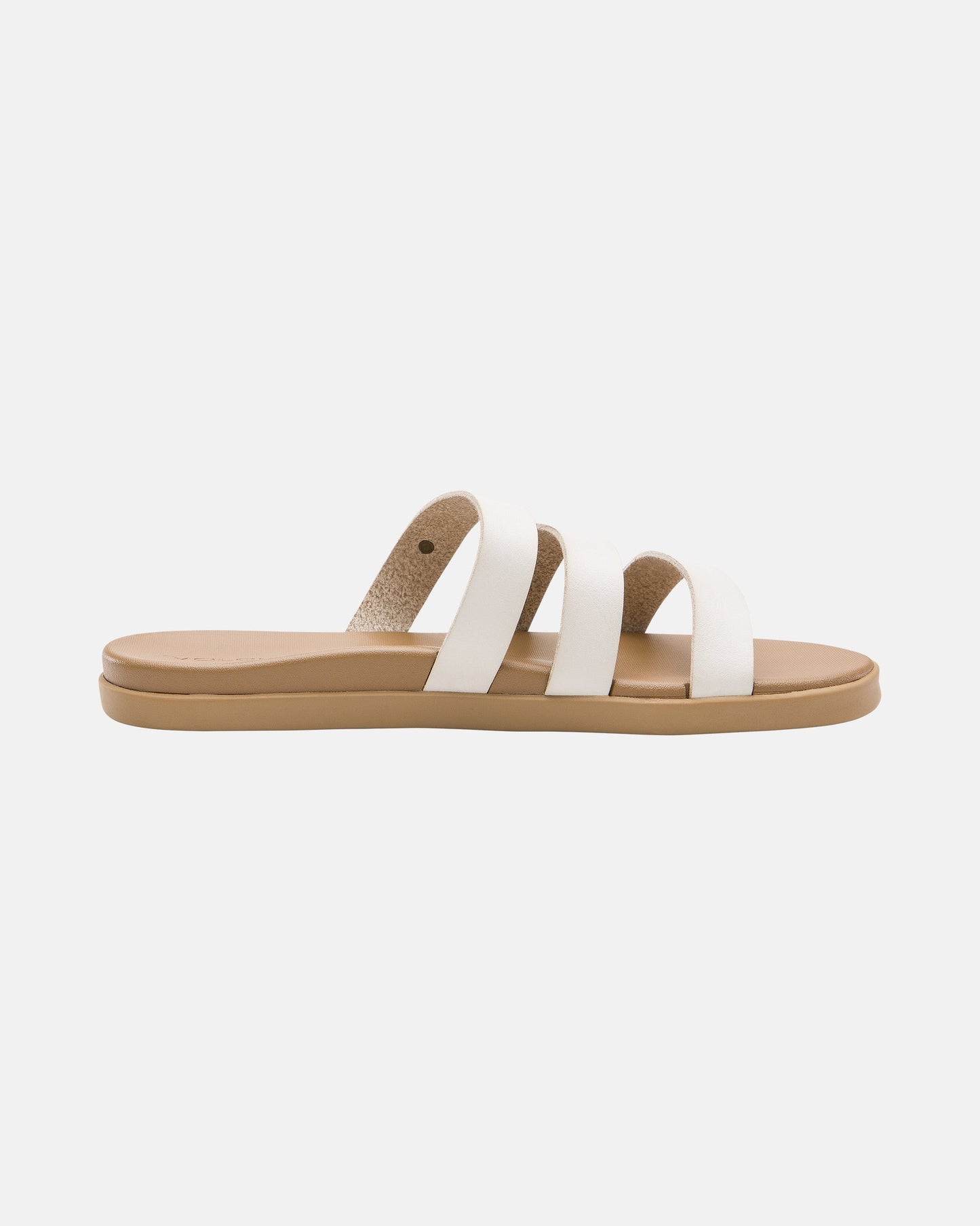 The Volcom Women's Sunseeker Sandals feature a tan sole and three wide white straps, displayed side view on a plain white background.