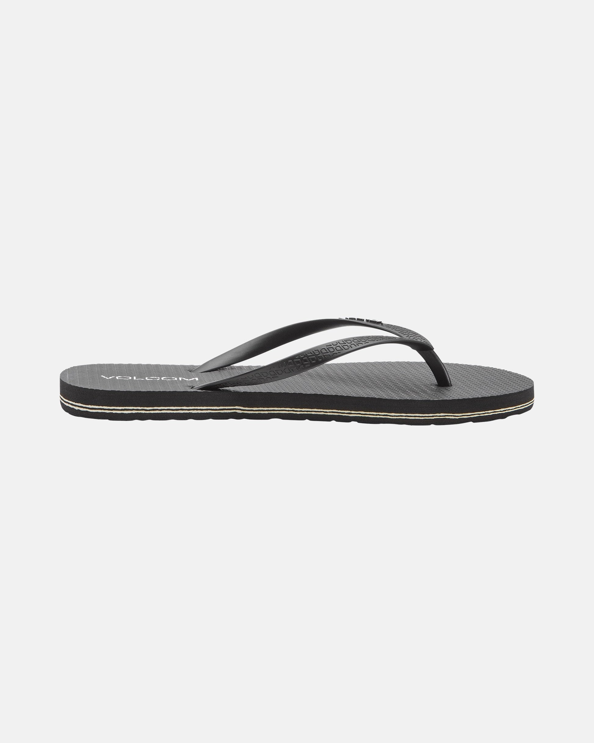 The Women's Volcomotion Womens sandal by Volcom features thin black straps and a textured sole for everyday comfort and classic style, shown from the side against a plain white background.