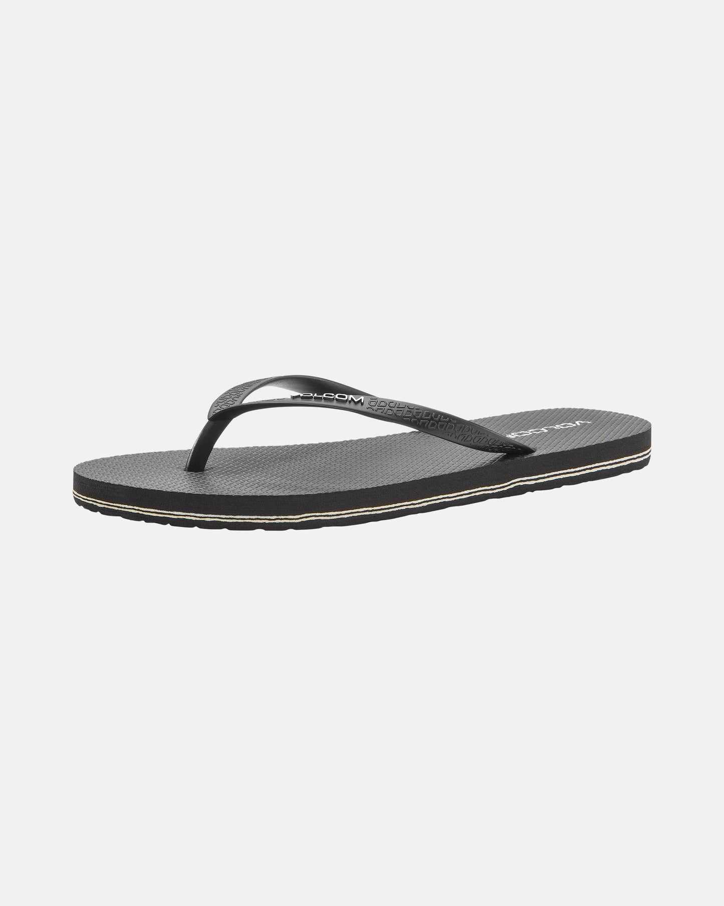 The Volcom Women's Volcomotion sandal is a black flip-flop with a textured sole and thin strap, designed for everyday comfort and shown on a white background.