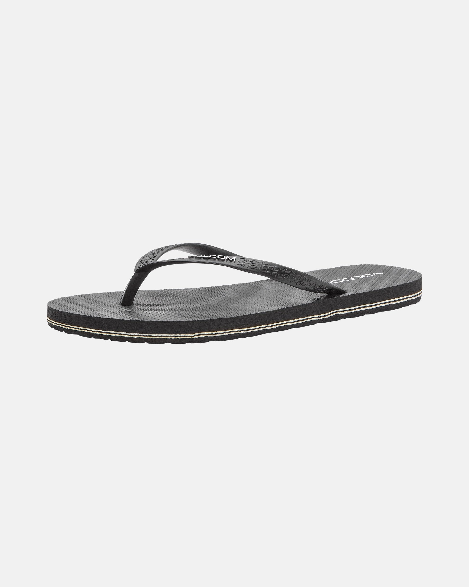 The Volcom Women's Volcomotion sandal is a black flip-flop with a textured sole and thin strap, designed for everyday comfort and shown on a white background.
