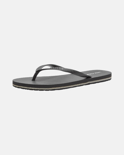 The Volcom Women's Volcomotion sandal is a black flip-flop with a textured sole and thin strap, designed for everyday comfort and shown on a white background.