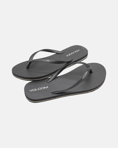 The Women's Volcomotion Womens by Volcom are black flip-flops with thin straps, simple textured soles, and white Volcom logos, providing everyday comfort. Displayed on a white background, these summer sandals are perfect for daily wear.