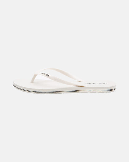 The Volcomotion Womens flip-flop by Volcom features a simple white design with a flat sole and thong strap, shown against a plain light background.