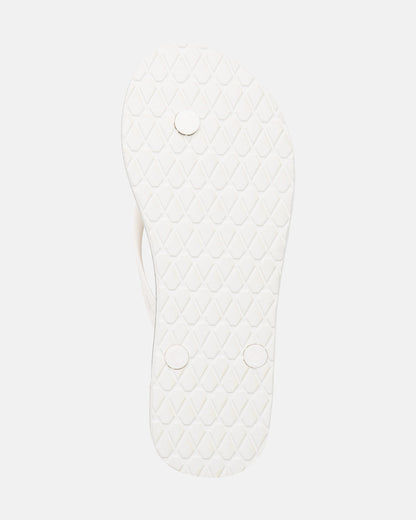 The image shows the white sole of the Volcom Volcomotion Womens flip-flop, featuring a textured diamond pattern and three round plugs on the bottom.