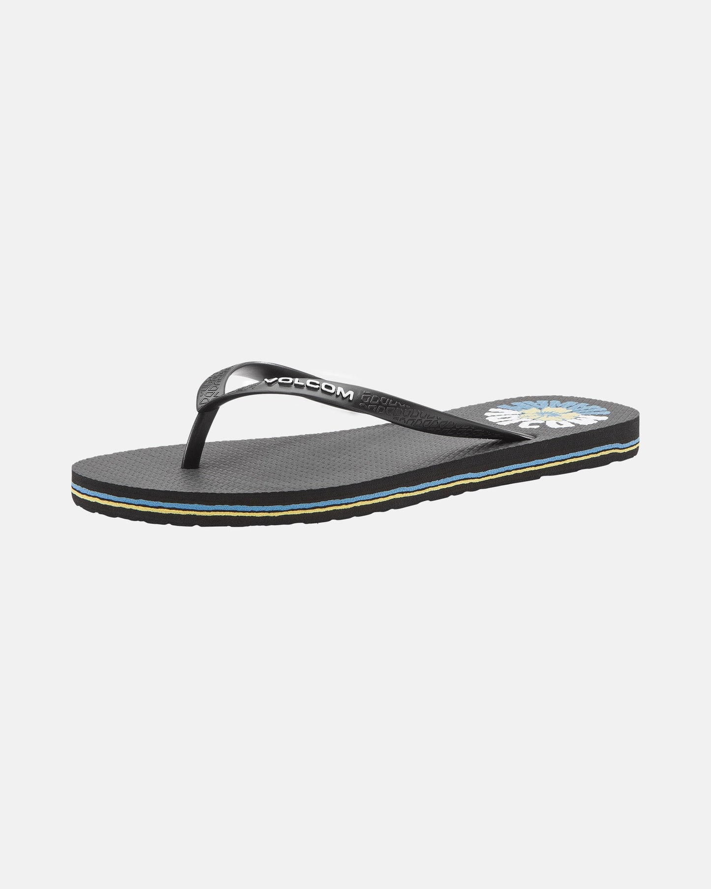 The Women's Volcomotion Wos Hawaii by Volcom is a black flip-flop sandal with thin black straps, a small Volcom logo, a textured sole, a colorful graphic on the footbed near the heel, and a thin striped edge on the sole.