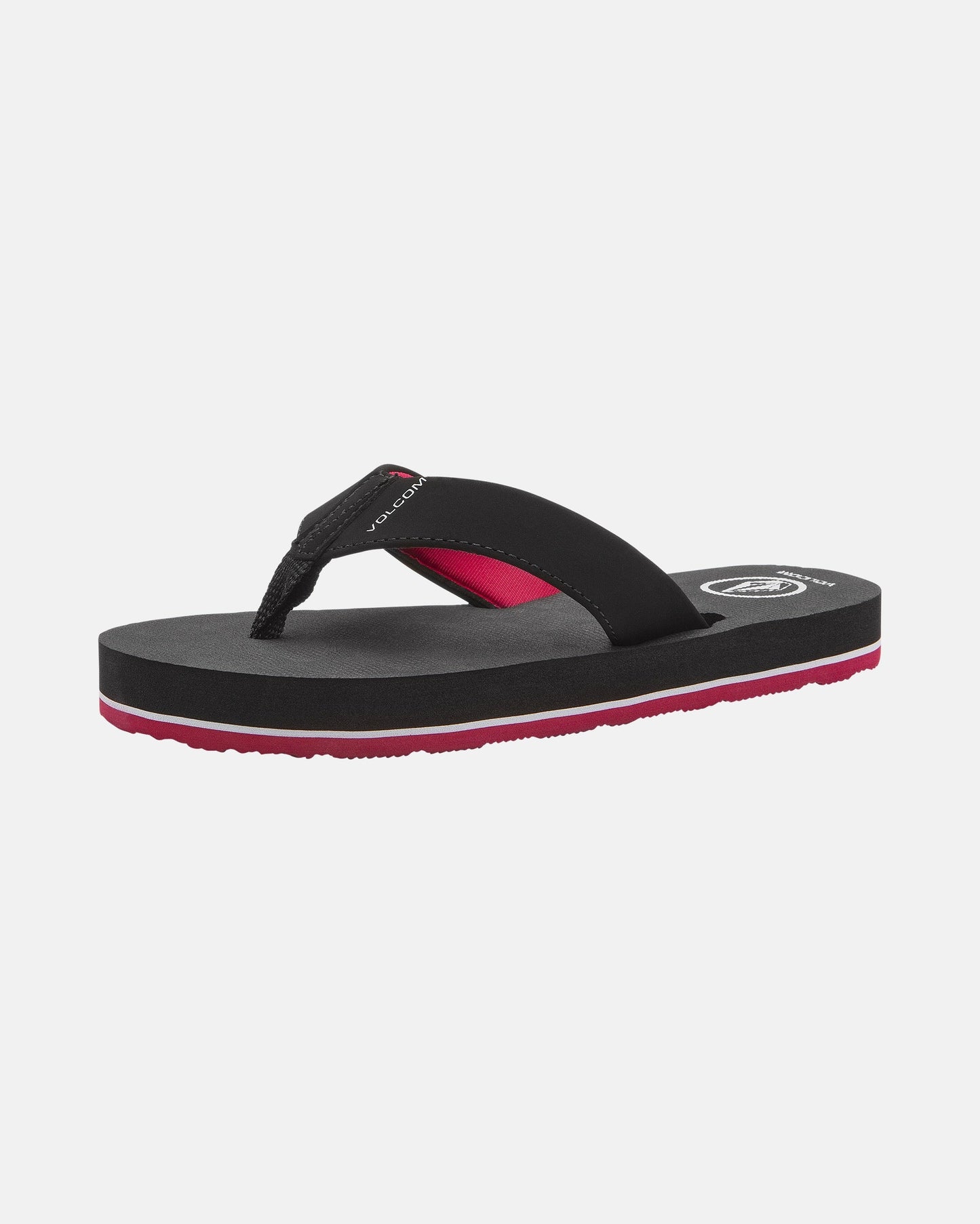The Volcom Kids' Victor 2 Big Youth is a black, water-friendly sandal with a thick sole and red accents on the strap and lower sole, providing recliner-level comfort. Shown on a white background.