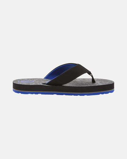 The Volcom Kids' Victor 2 Big Youth flip-flop in black features a patterned sole, blue inner strap and sole accents, non-scuff outsoles, and is shown in a side view on a white background.