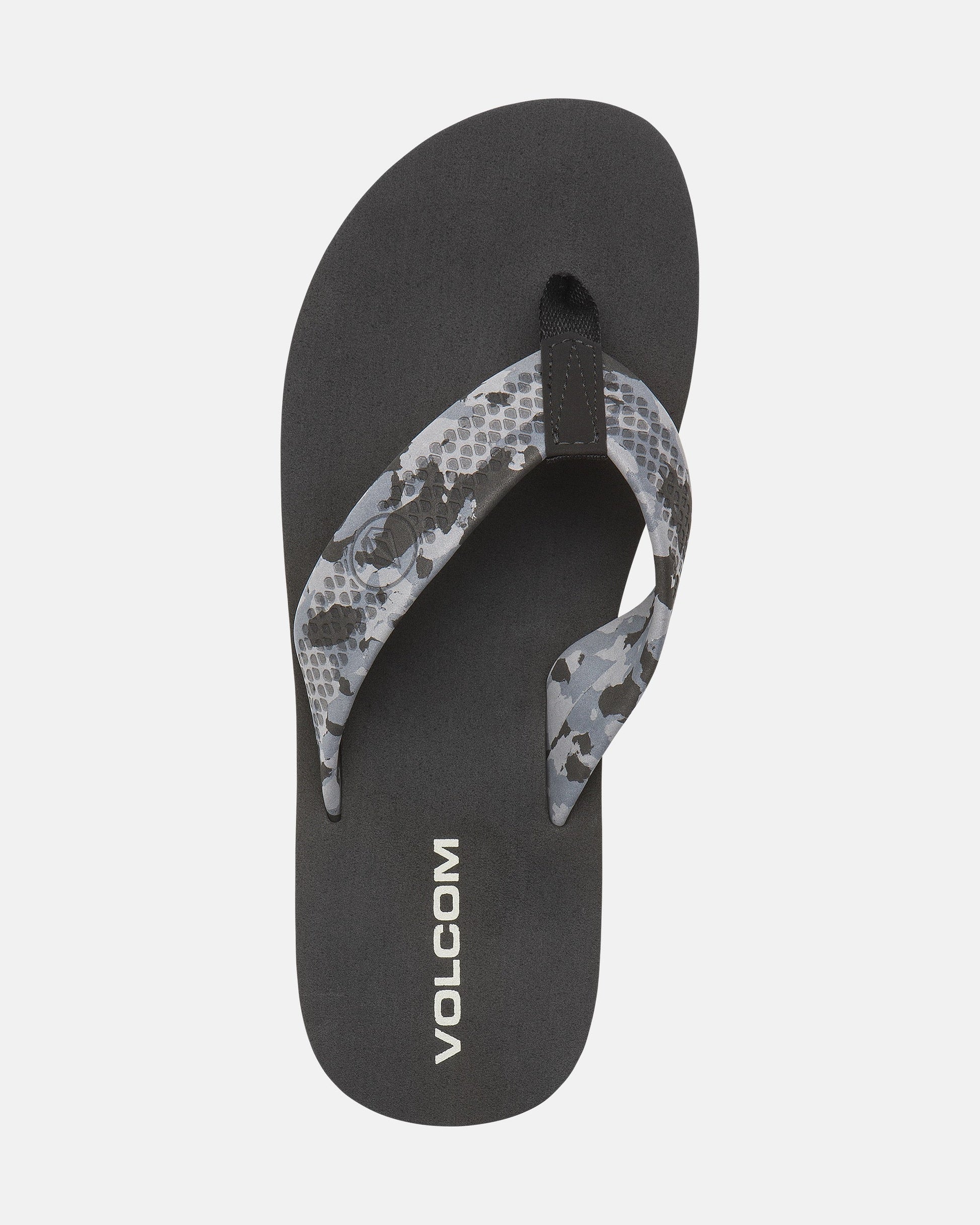 The Volcom Kids' Daycation 2 Big Youth flip-flop features a gray and black patterned strap, a white VOLCOM logo on the footbed, and plush Recliner Comfort Foam, shown against a plain white background.